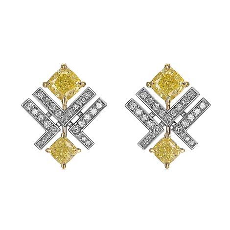 Fancy Yellow Cushion and Pave Diamond Leibish Logo Stud Earrings, SKU 516893 (2.13Ct TW)